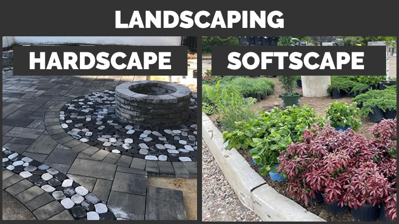 comparison of hardscaping vs softscaping as landscaping services - photos are of our work in West Chester, PA and Media, PA